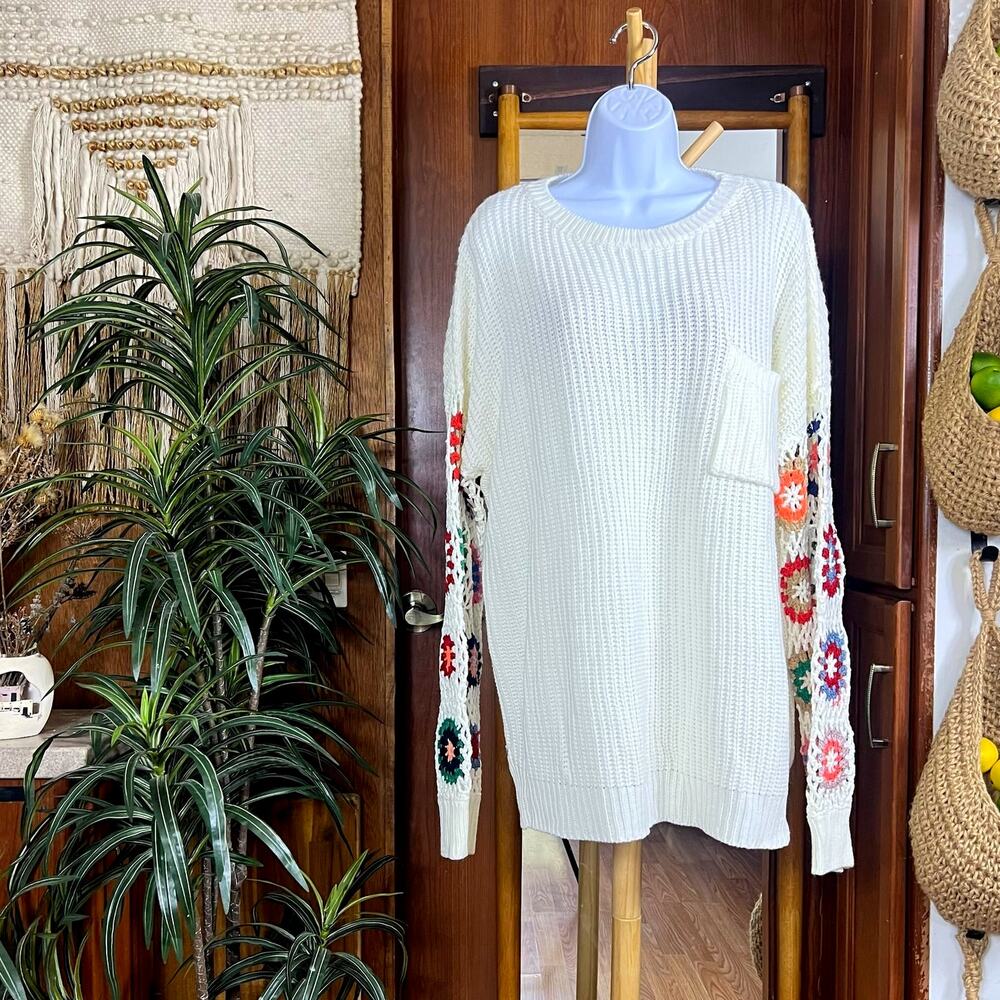 Granny Square Sleeve Sweater 2XL | Ivory Boho Chunky Crochet Oversized Knit NWT